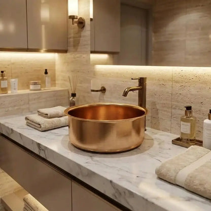Brushed gold round vessel sink with a contemporary gold faucet on a white veined marble countertop in a luxury spa bathroom