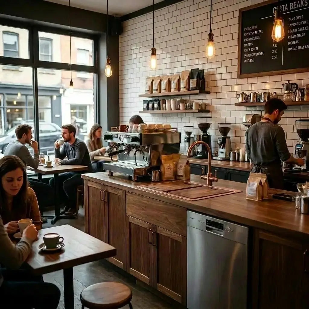 Cozy coffee shop interior with a double bowl copper sink built into a wooden bar counter next to an espresso machine, showing customers and a barista.