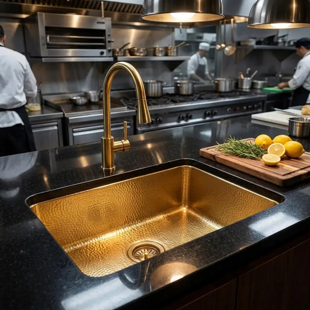 30 inch rectangular hammered copper sink undermount installed on a dark granite island countertop in a professional restaurant kitchen with chefs in background