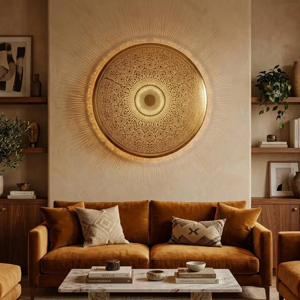 Large circular Moroccan brass wall medallion light fixture mounted above a velvet sofa in a modern living room decor.