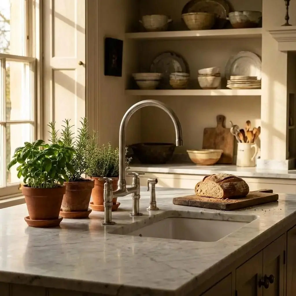 Classic cross-handle bridge kitchen faucet in solid brass on a white veined marble countertop, featuring terracotta herb pots by a window and a fresh loaf of bread on a wooden cutting board in a country cottage style kitchen.