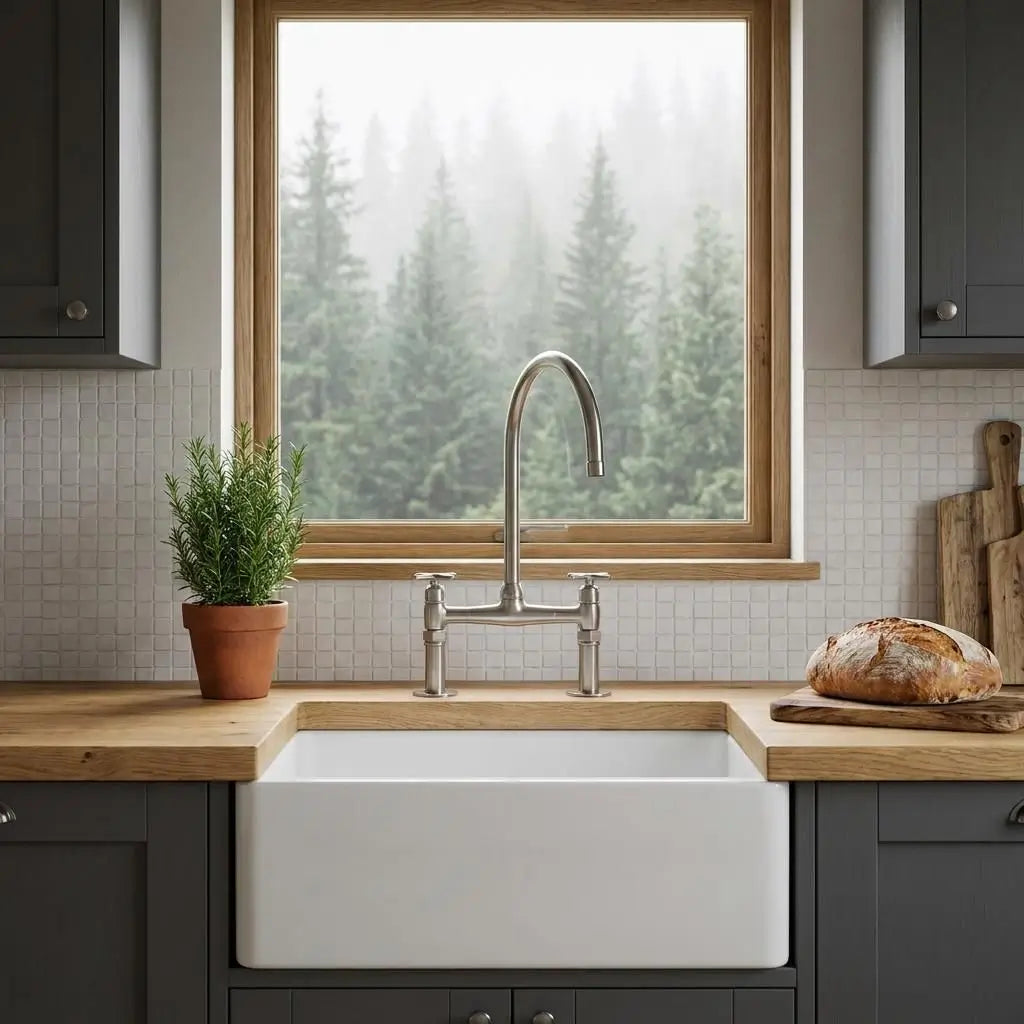 Classic cross-handle bridge kitchen faucet in solid brass installed with a white farmhouse apron front sink on a wooden butcher block countertop, featuring a large window with a scenic pine forest view.
