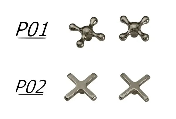 Technical design chart for the classic cross-handle bridge kitchen faucet in brass, comparing ornate historical cross handles P01 and sleek modern cross handles P02 on a white background.