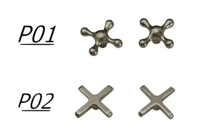 Technical design chart for the classic cross-handle bridge kitchen faucet in brass, comparing ornate historical cross handles P01 and sleek modern cross handles P02 on a white background.