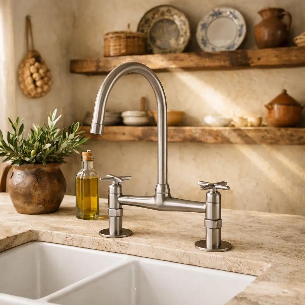 Classic cross-handle bridge kitchen faucet in solid brass on a beige travertine countertop, featuring a clay pot with olive branches, an olive oil bottle, and rustic shelves with decorative ceramic plates.