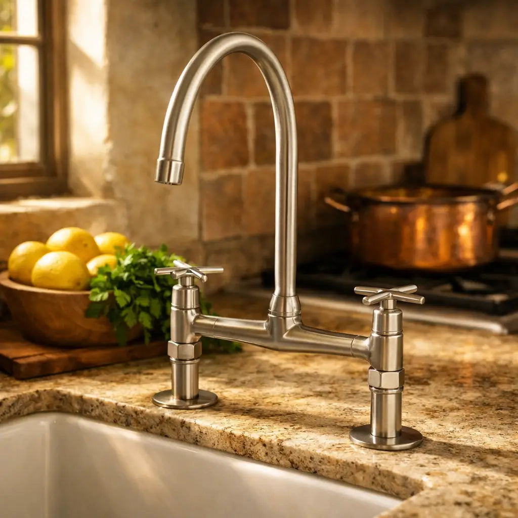 Classic cross-handle bridge kitchen faucet in solid brass mounted on a beige granite countertop, featuring a wooden bowl of lemons by a window and a copper pot on a rustic tile backsplash background.