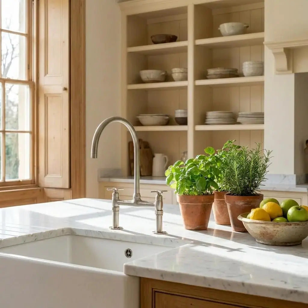 Wide angle lifestyle view of the classic cross-handle bridge kitchen faucet in solid brass with a white farmhouse apron sink, featuring a wooden bowl of lemons and green apples next to terracota herb pots.