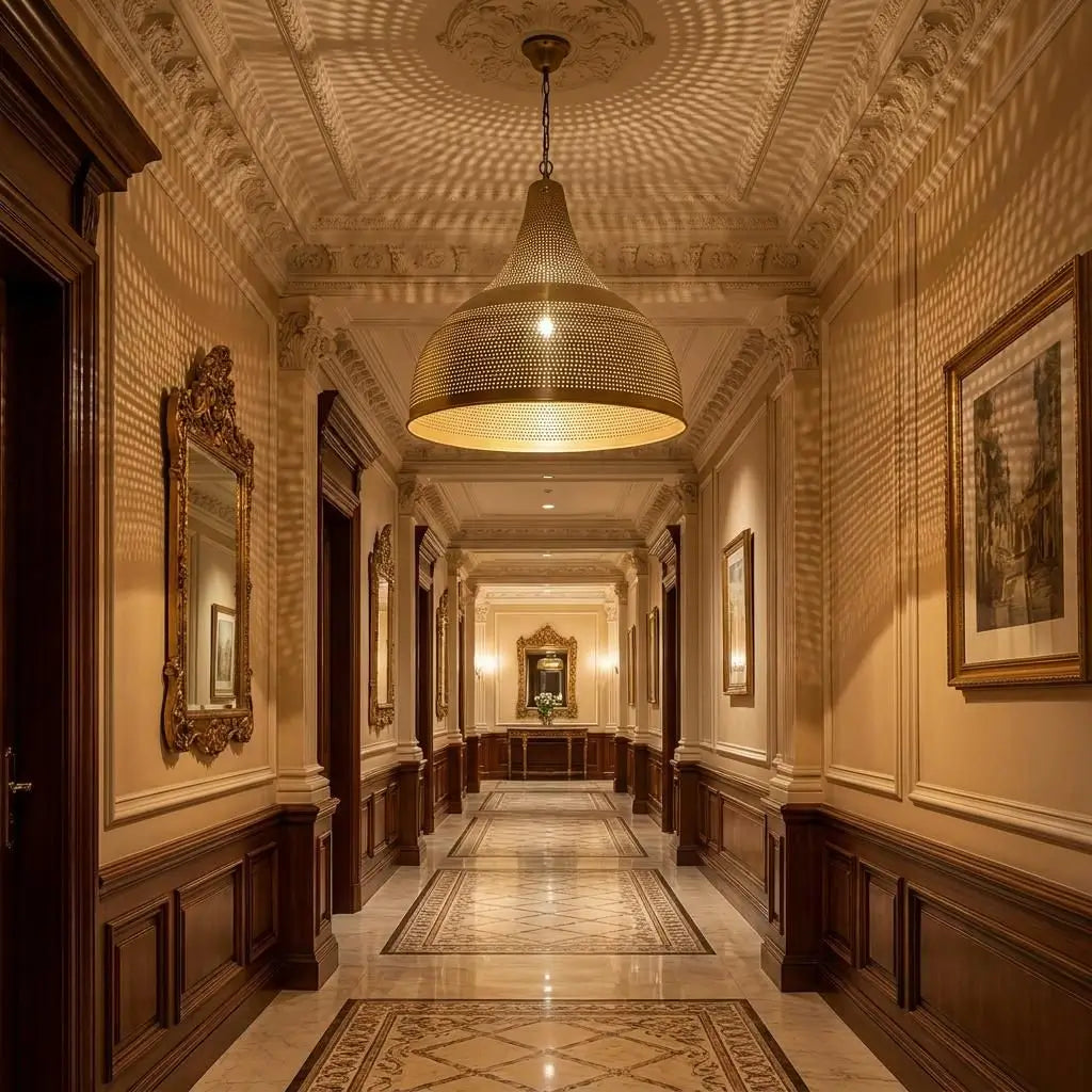 An illuminated antique brass dome chandelier hanging in a classic residential hallway, casting complex grid-like light patterns on Victorian-style wood wall paneling and framed artwork.