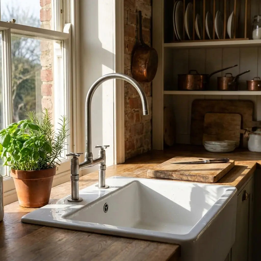 Warm brushed nickel classic Heritage bridge kitchen faucet installed on a white ceramic farmhouse sink next to a rustic window with natural light.