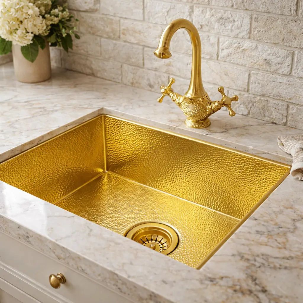 Close-up view of an undermount square hammered brass Moroccan sink in white marble, paired with a classic gold gooseneck faucet against a textured white brick backsplash.