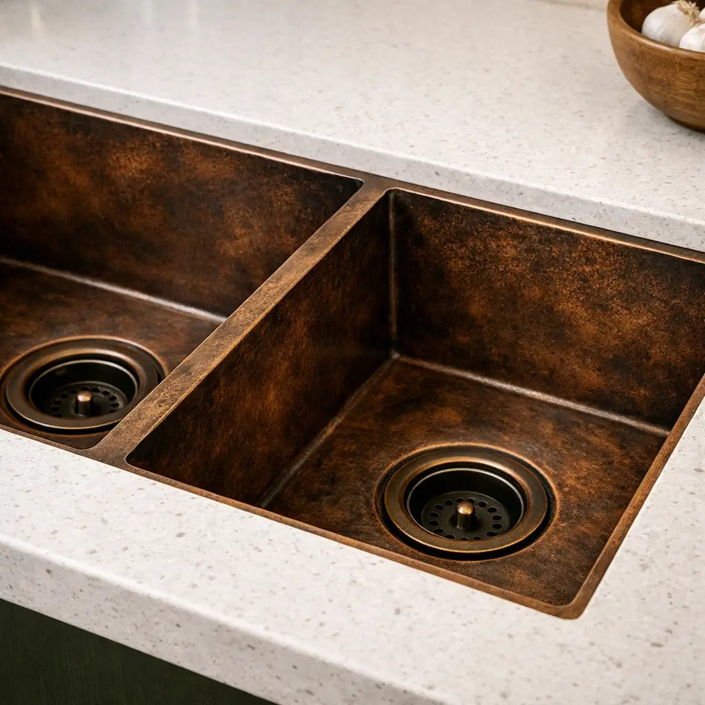 Close up view of handmade antique copper kitchen sink basin showing dual bowl design and drain details