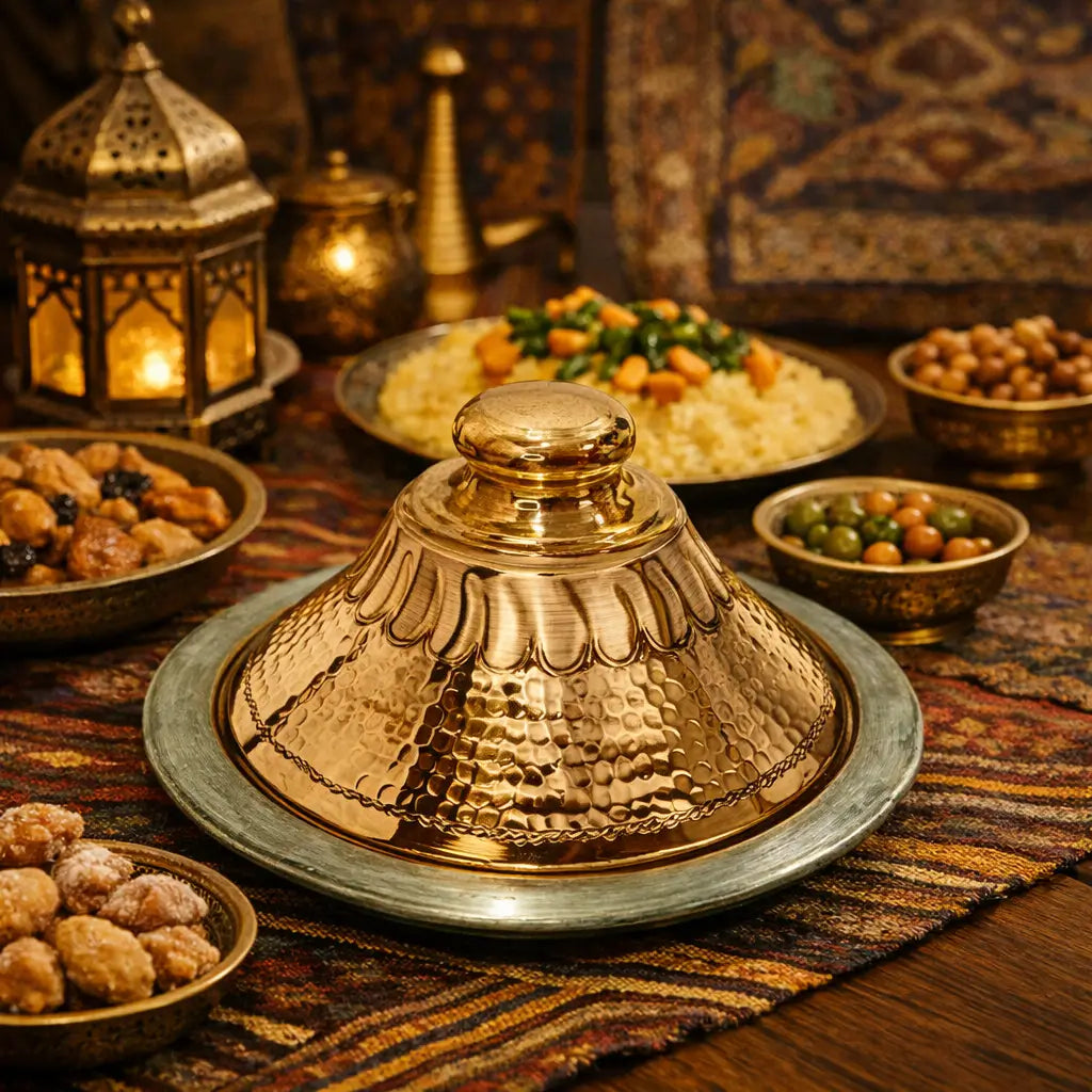 Close-up of a handcrafted Moroccan copper tagine with hammered detailing served alongside traditional side dishes and a glowing lantern