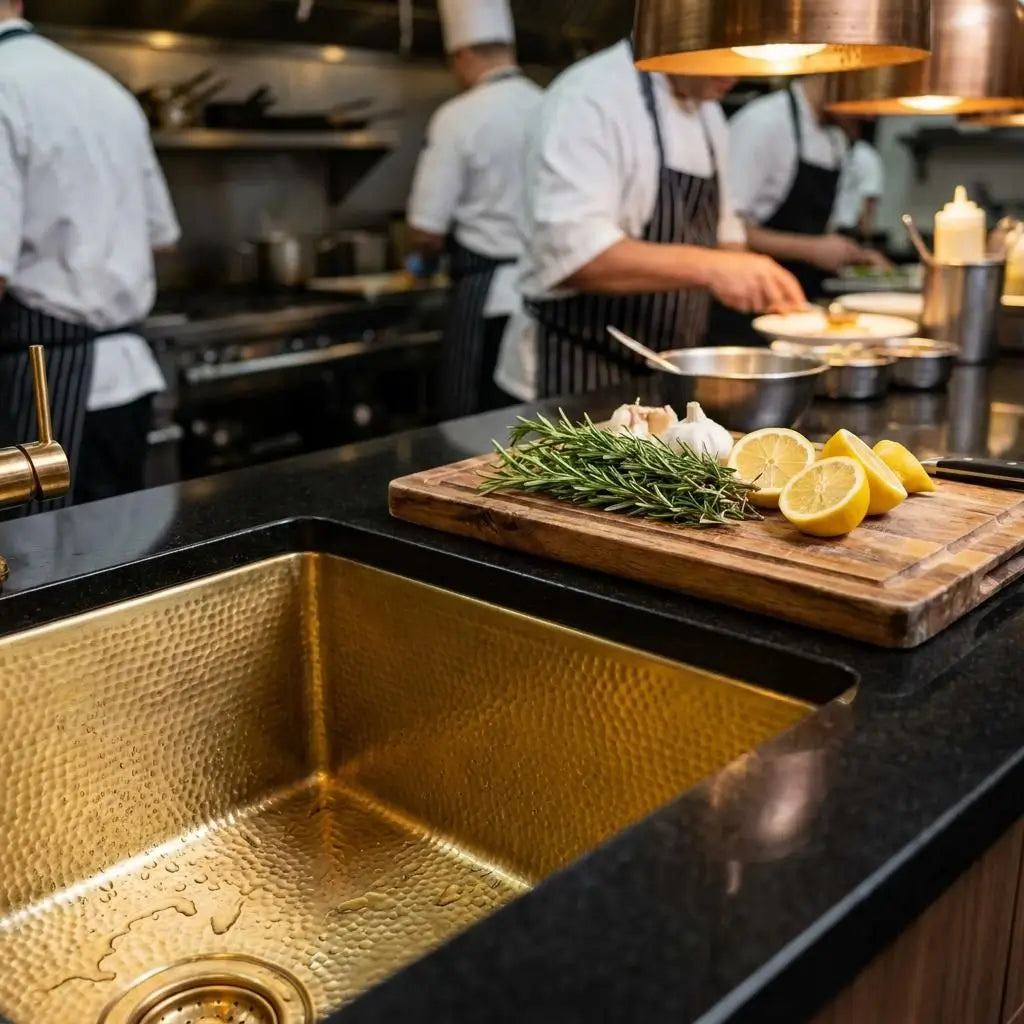 Close-up view of a 30 inch rectangular hammered copper sink texture next to a wooden cutting board with lemons and rosemary in a restaurant kitchen
