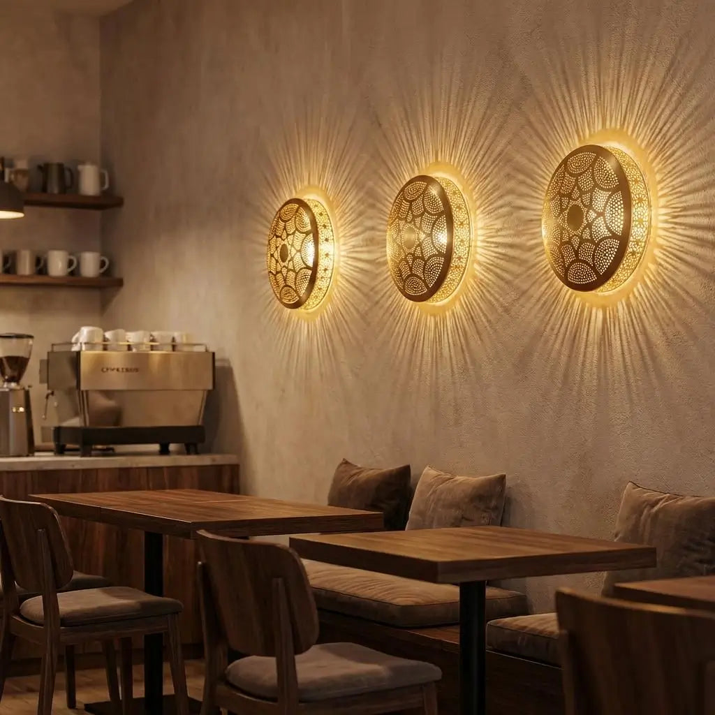 Three handmade minimalist brass wall sconces illuminating a modern coffee shop seating area and espresso counter, casting bright warm geometric light rays.