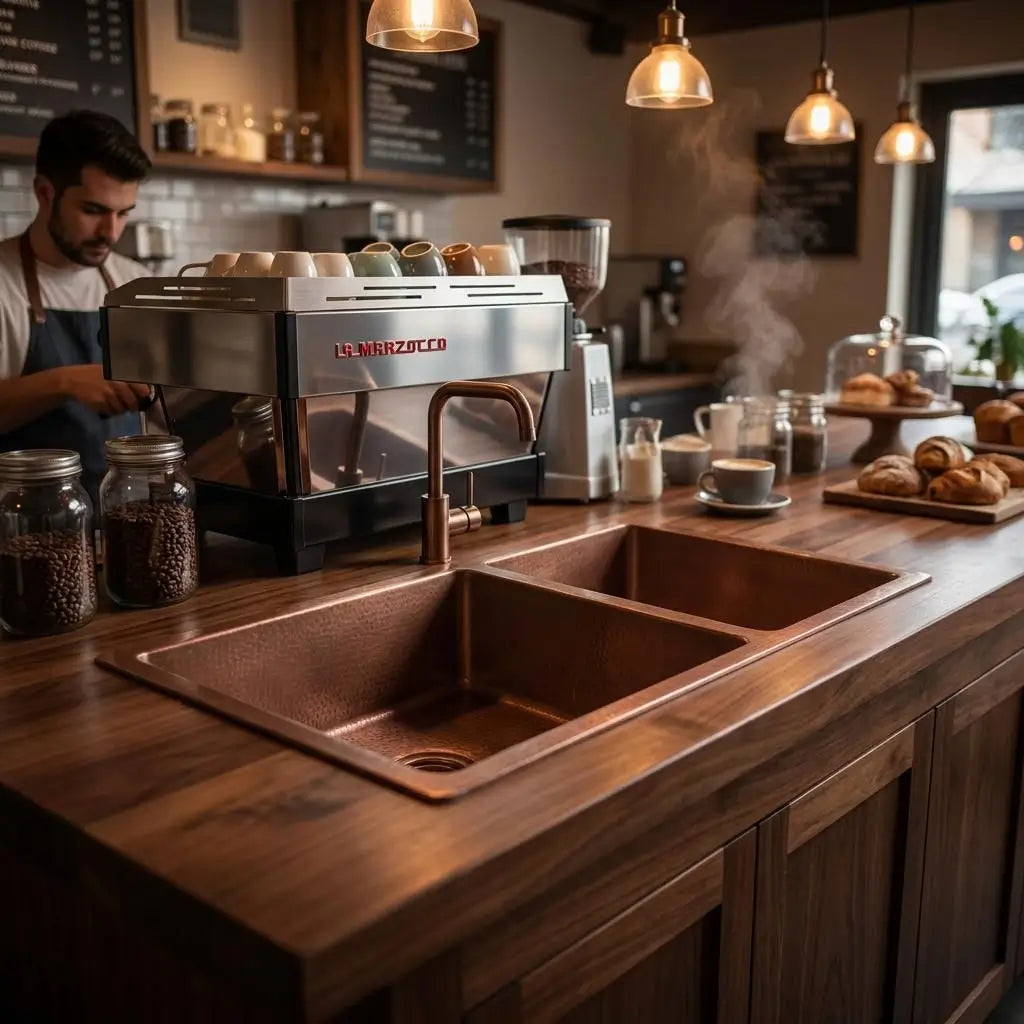 Handmade double bowl copper sink built into a wooden coffee shop counter with a modern faucet, featuring an espresso machine and pastries in the background.