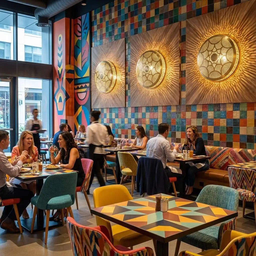 Three handmade modern brass wall sconces illuminating a vibrant colorful restaurant dining room, casting dramatic warm radial light beams.