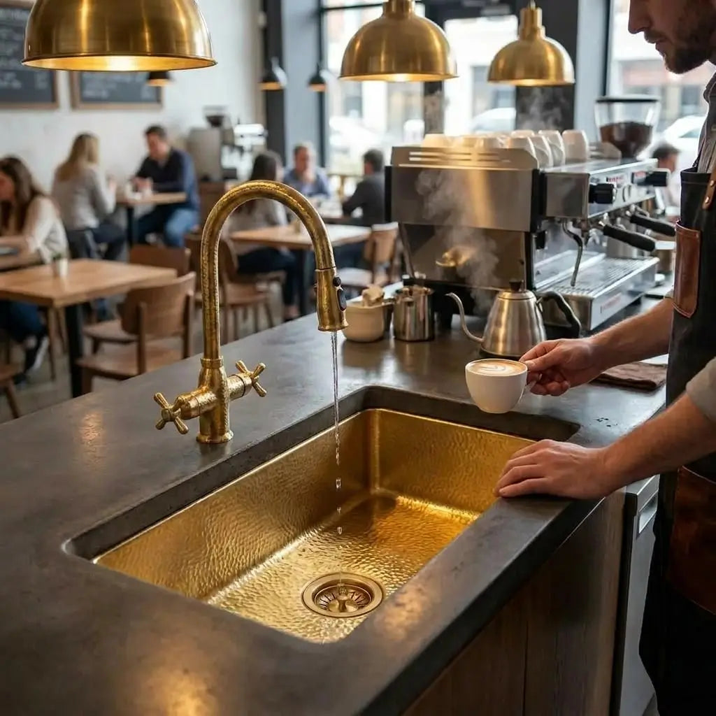 Running water from a vintage brass cross handle faucet into a 30 inch rectangular hammered copper sink installed in a modern cafe counter