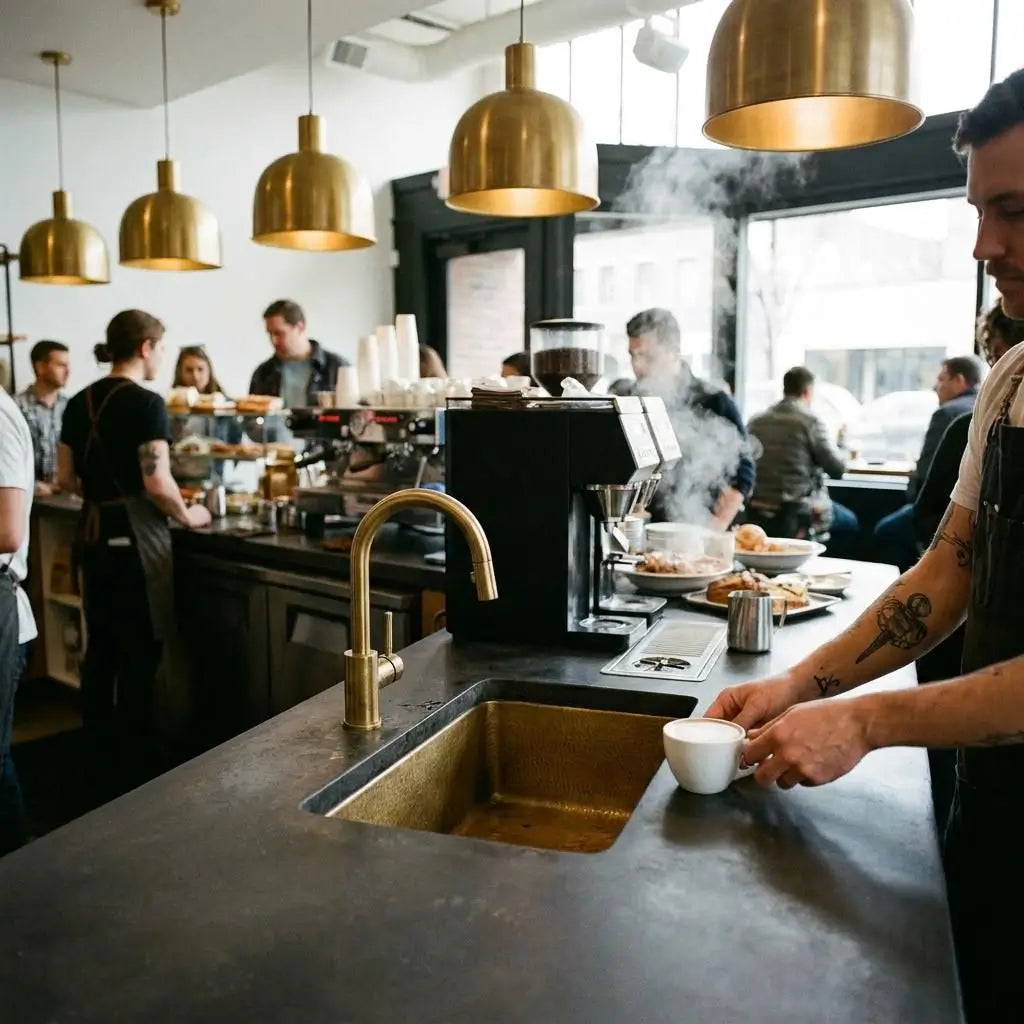 30 inch rectangular hammered copper sink installed in a busy modern specialty coffee shop counter with a barista preparing coffee under golden pendant lights