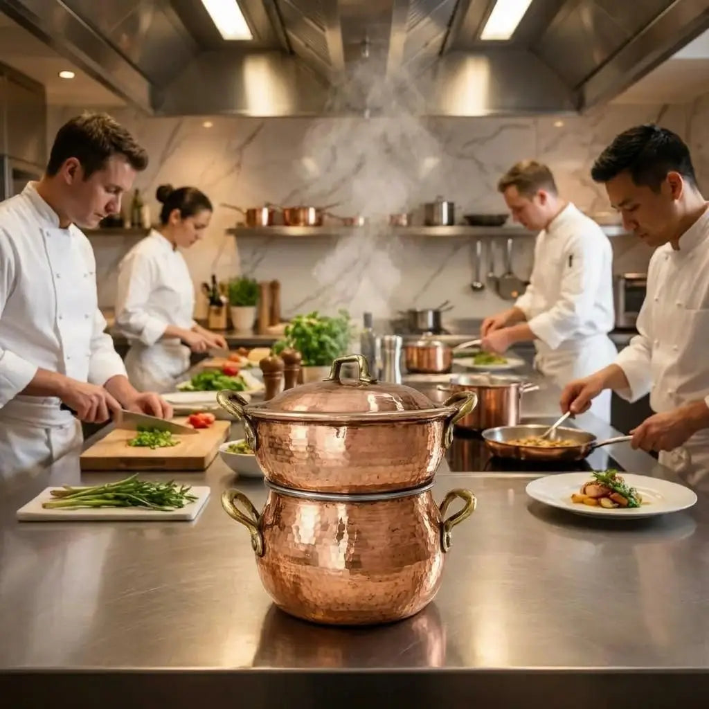 Steaming hammered Moroccan copper couscous pot on a stainless steel commercial kitchen island, surrounded by professional chefs preparing gourmet dishes.