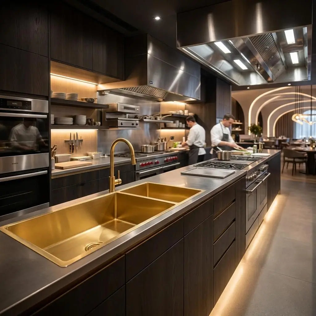 Commercial grade luxury copper double basin sink with premium gold faucet, integrated into a professional chef kitchen stainless steel island with high-end appliances.