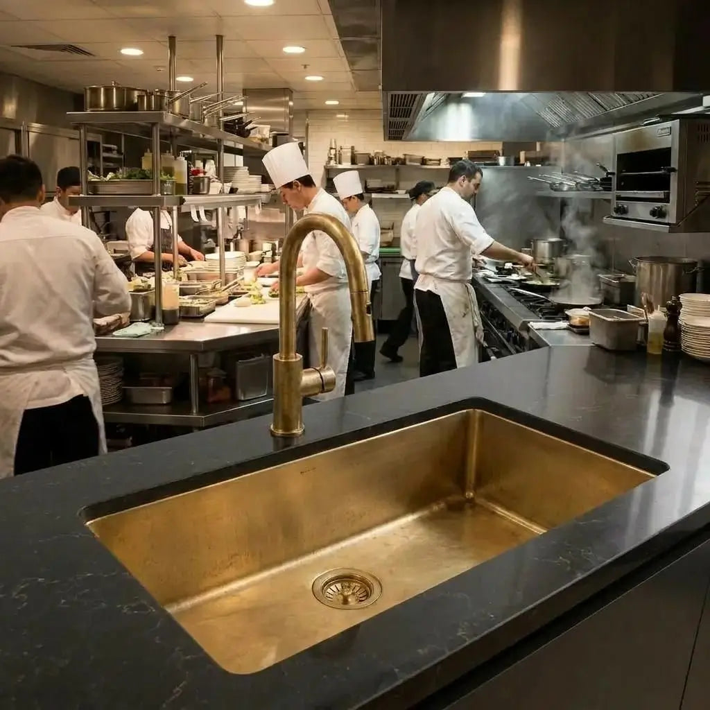 Wide view of a brass kitchen sink basin on a dark countertop with multiple professional chefs preparing food in a busy commercial kitchen