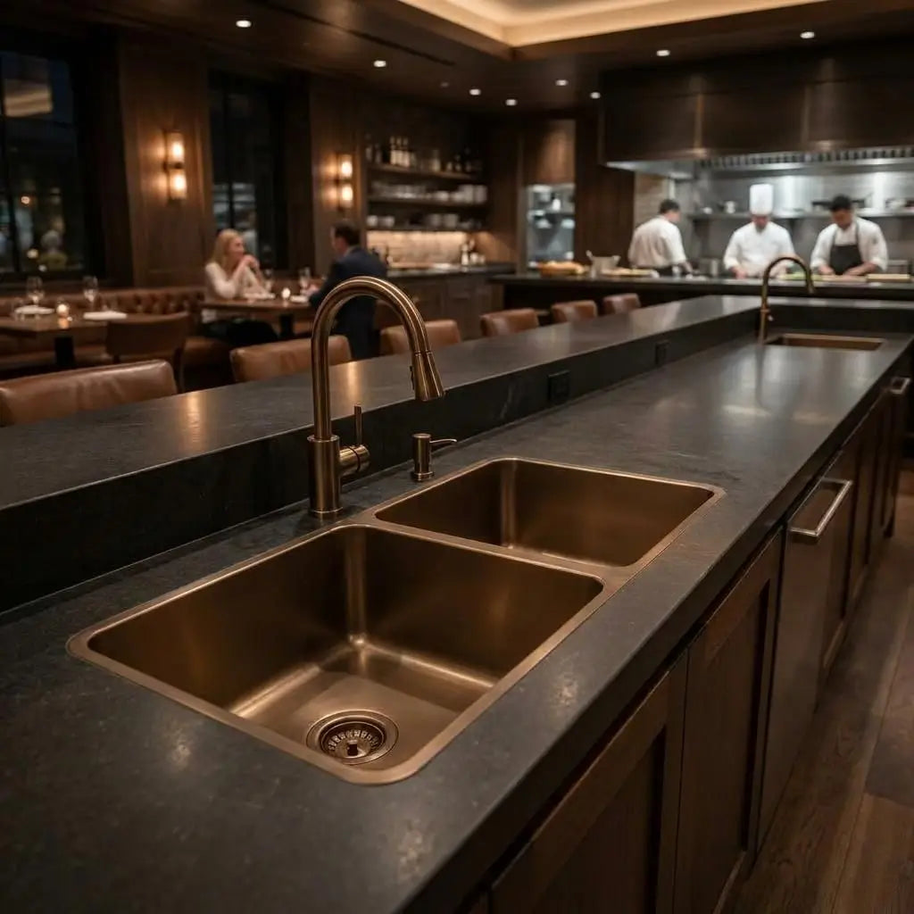 Undermount double bowl copper sink installed in a luxury restaurant bar counter with a pull-down faucet, showing chefs in an open kitchen background.