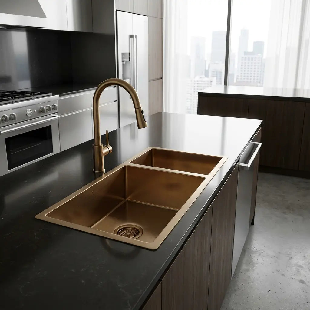 Contemporary undermount copper double basin sink with sleek brushed gold faucet, installed in a minimal luxury kitchen island with stainless steel appliances and city window view.