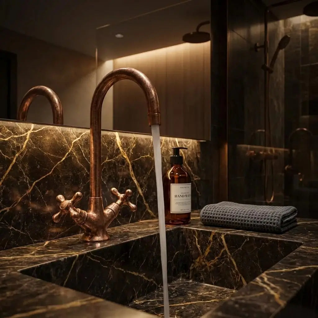 Antique copper gooseneck faucet with dual cross handles running water into a dark marble bathroom sink.