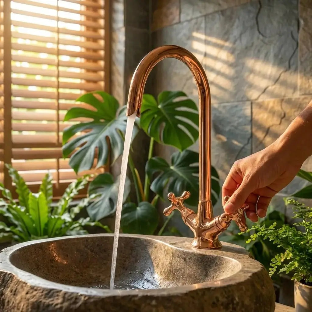 A hand turns on a copper gooseneck faucet running water into a natural stone bowl basin with monstera plants in the background.