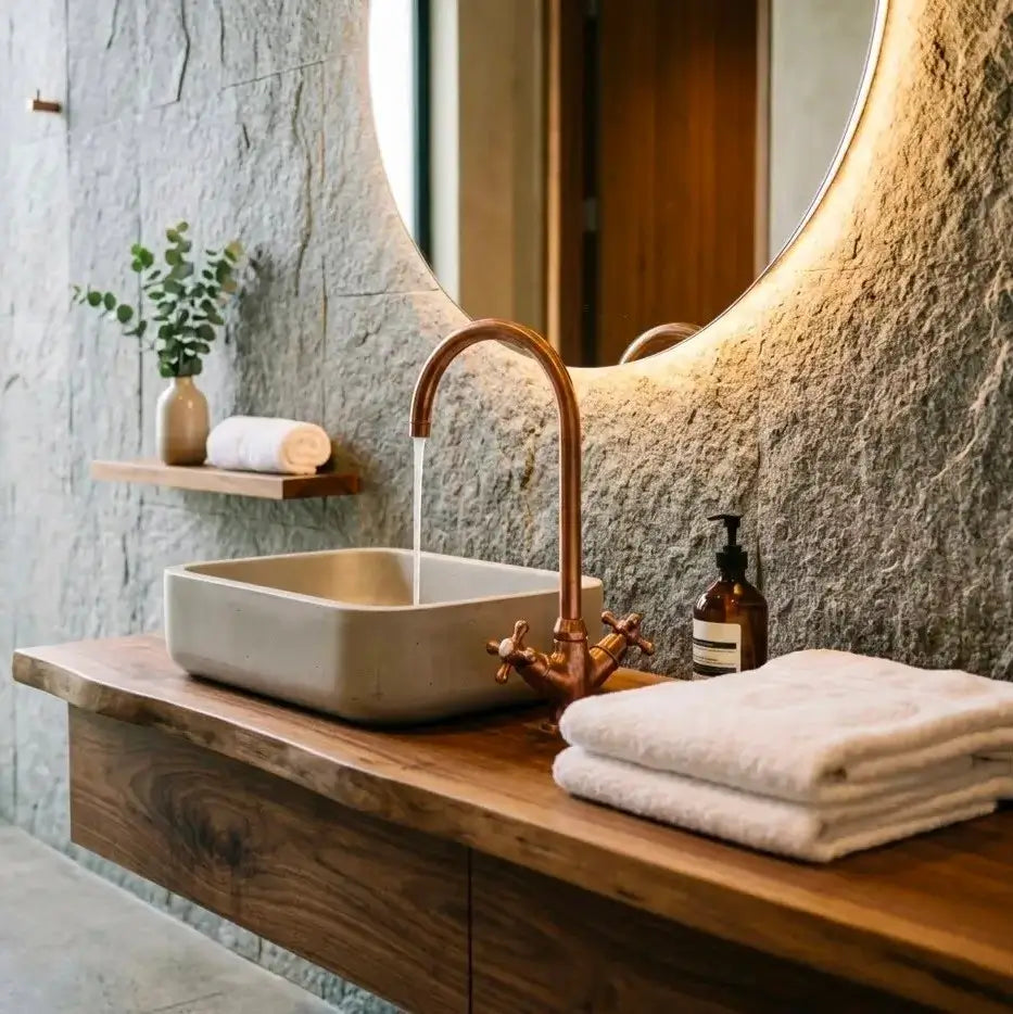 Copper gooseneck faucet running water into a rectangular vessel sink on a wooden floating vanity with a backlit round mirror.
