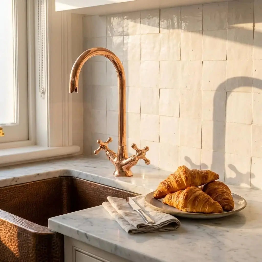 Unlacquered copper gooseneck faucet with cross handles next to a copper farmhouse sink and a plate of croissants.