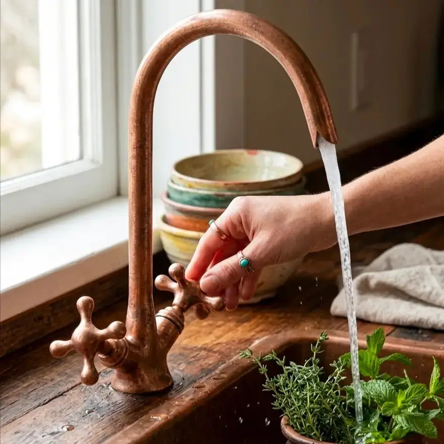 A person turning a copper gooseneck faucet handle with running water washing fresh herbs in a copper kitchen sink.