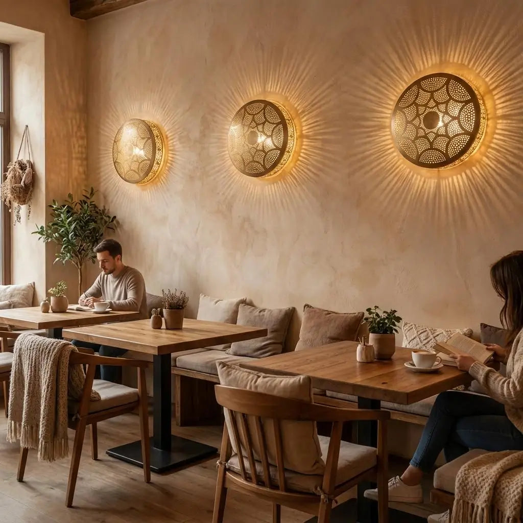 Three handmade minimalist brass wall sconces illuminating a cozy cafe interior with wooden tables, creating a warm and relaxing atmosphere for customers.