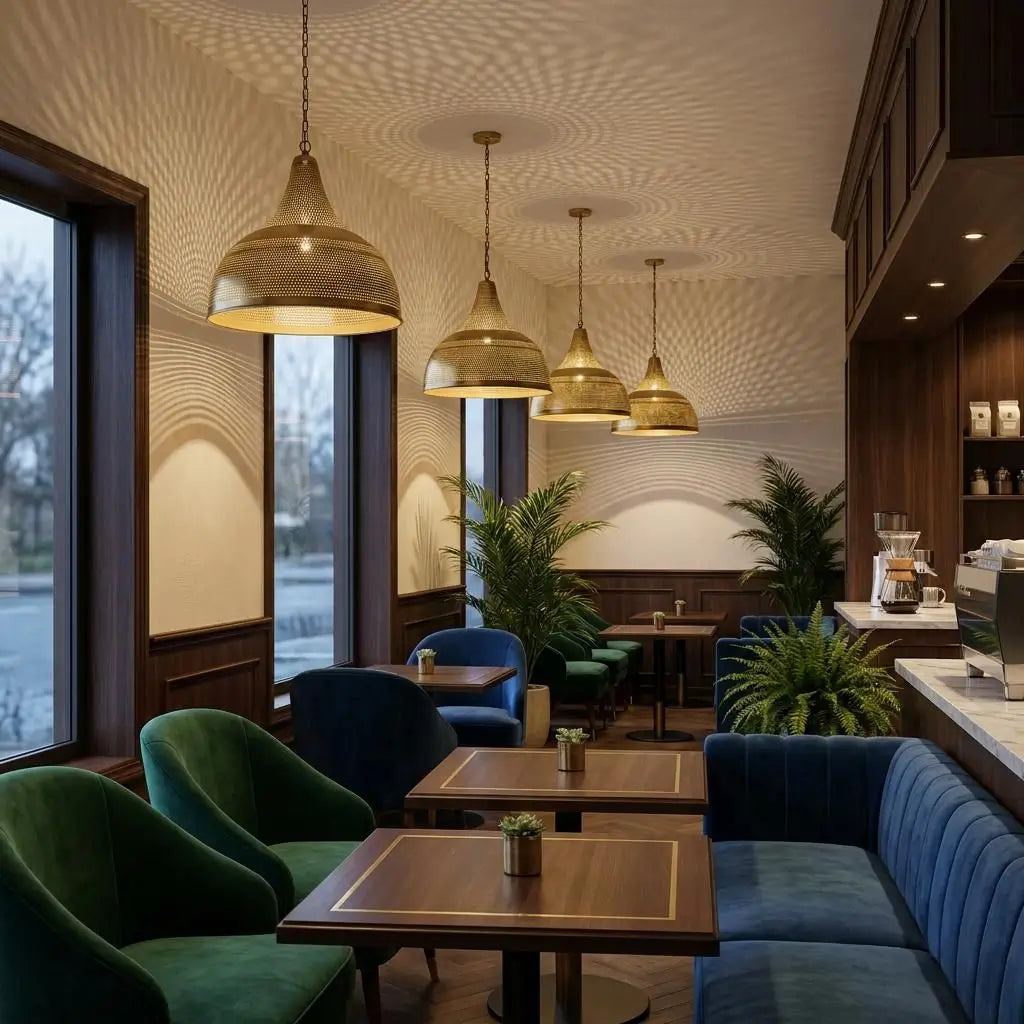 A line of Moroccan brass dome pendant lamps hanging over dining tables in a cozy cafe interior, highlighting green velvet chairs, blue plush seating booths, and indoor potted plants.