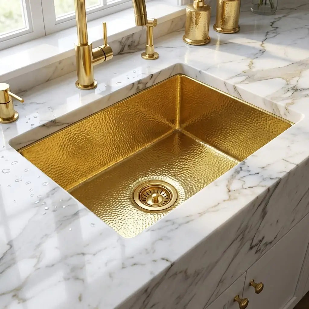 Custom handcrafted brass Moroccan sink, 16x16 hammered square basin installed in a marble countertop with a gold faucet and matching drain strainer.