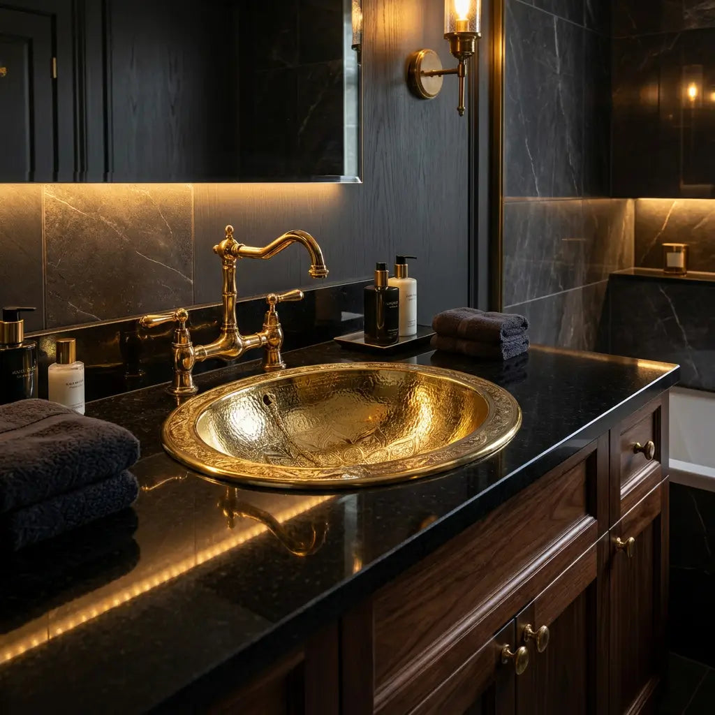 Hand-hammered round brass vessel sink with intricate Moroccan patterns installed on a black marble countertop with a vintage unlacquered brass faucet.