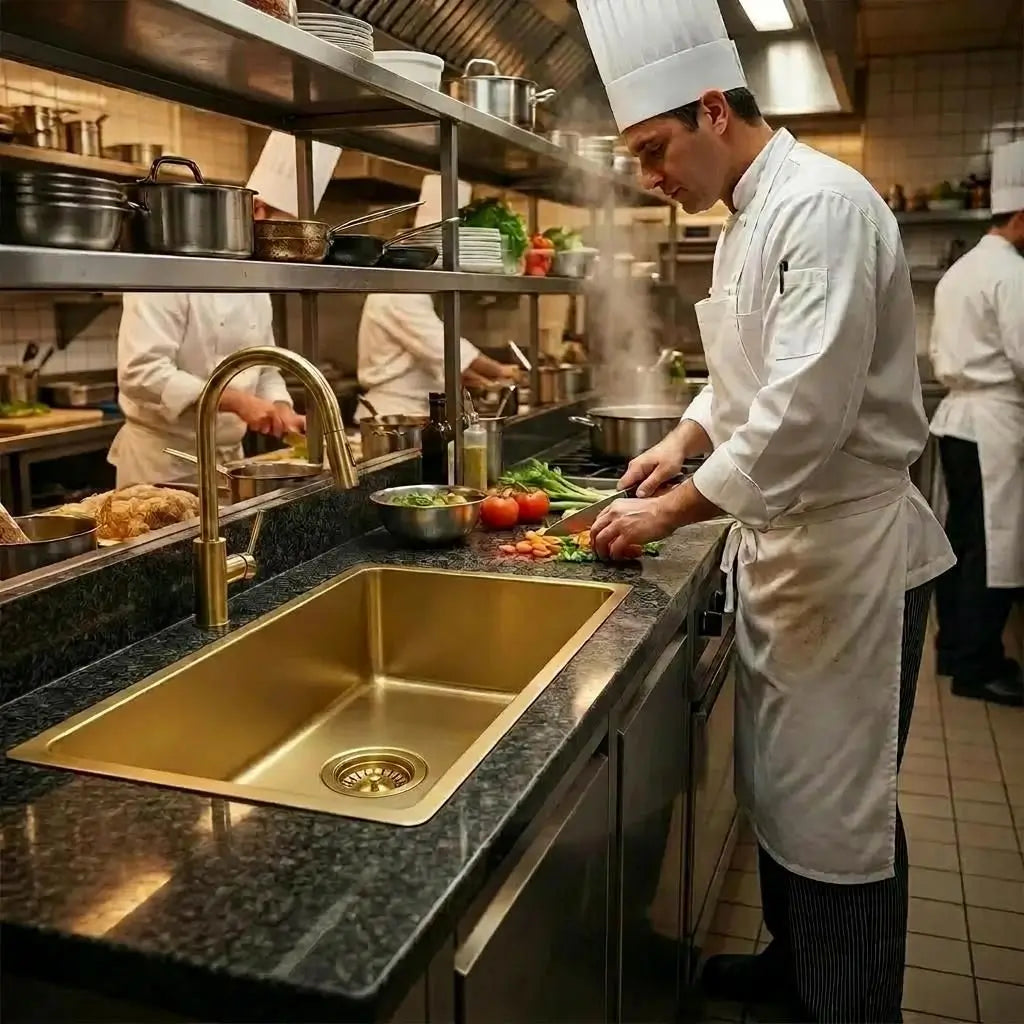 Custom unlacquered brass kitchen sink 24x16x8 inch under dark marble countertop with professional chefs cooking in a luxury kitchen