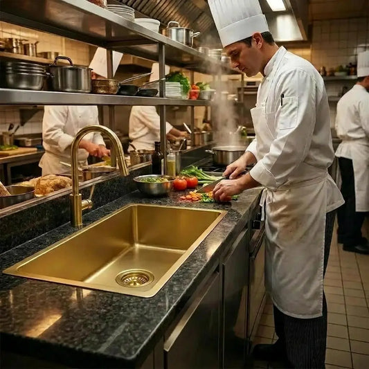 Custom unlacquered brass kitchen sink 24x16x8 inch under dark marble countertop with professional chefs cooking in a luxury kitchen