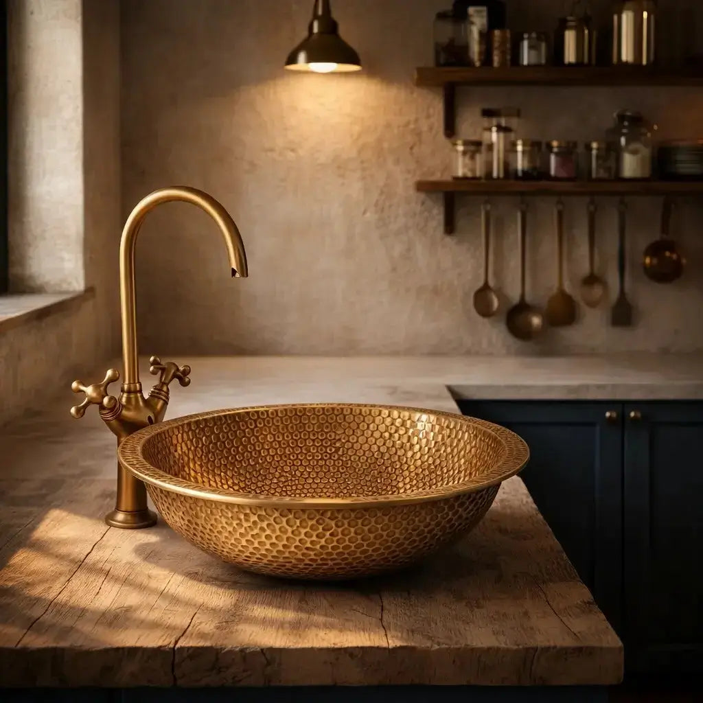 Luxury custom made unlacquered brushed brass sink bowl with intricate hammered patterns, paired with a vintage faucet on a rustic natural wood tabletop under warm lighting.