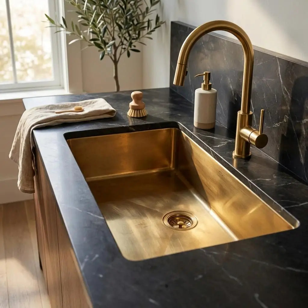 Custom unlacquered brass undermount kitchen sink and matching faucet on black marble countertop with olive tree decor by a window