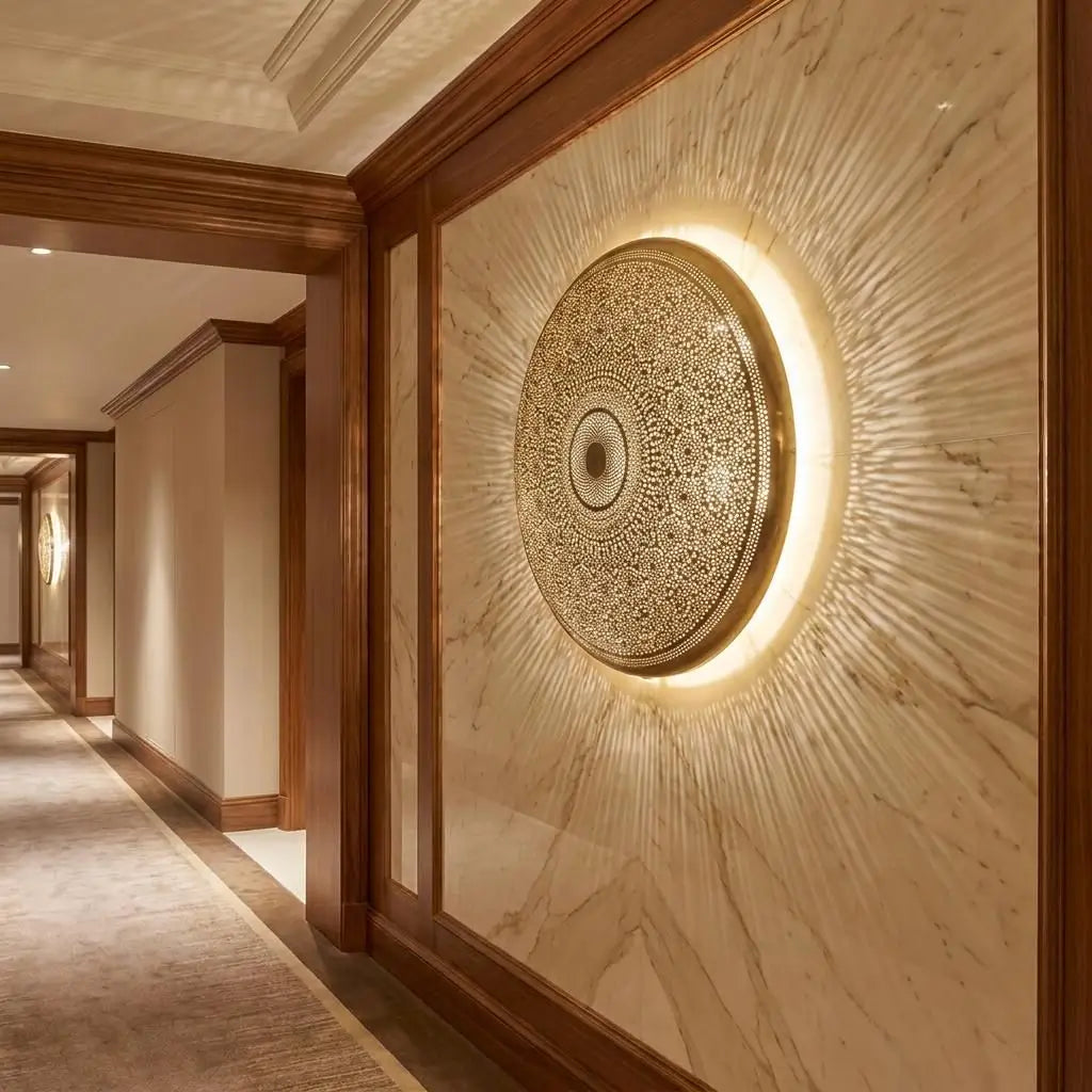 Dome shaped etched brass flush mount light fixture radiating warm sunburst rays on a modern wooden hallway panel.