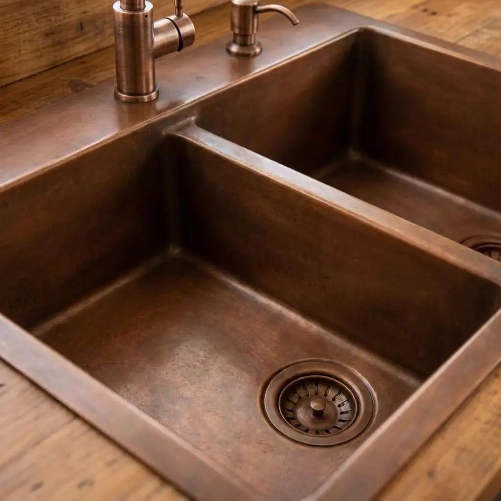 Handmade double bowl copper kitchen sink with a textured hammered finish, showcasing an antique farmhouse basin design installed on a wooden countertop next to a matching brass faucet and drain strainer.