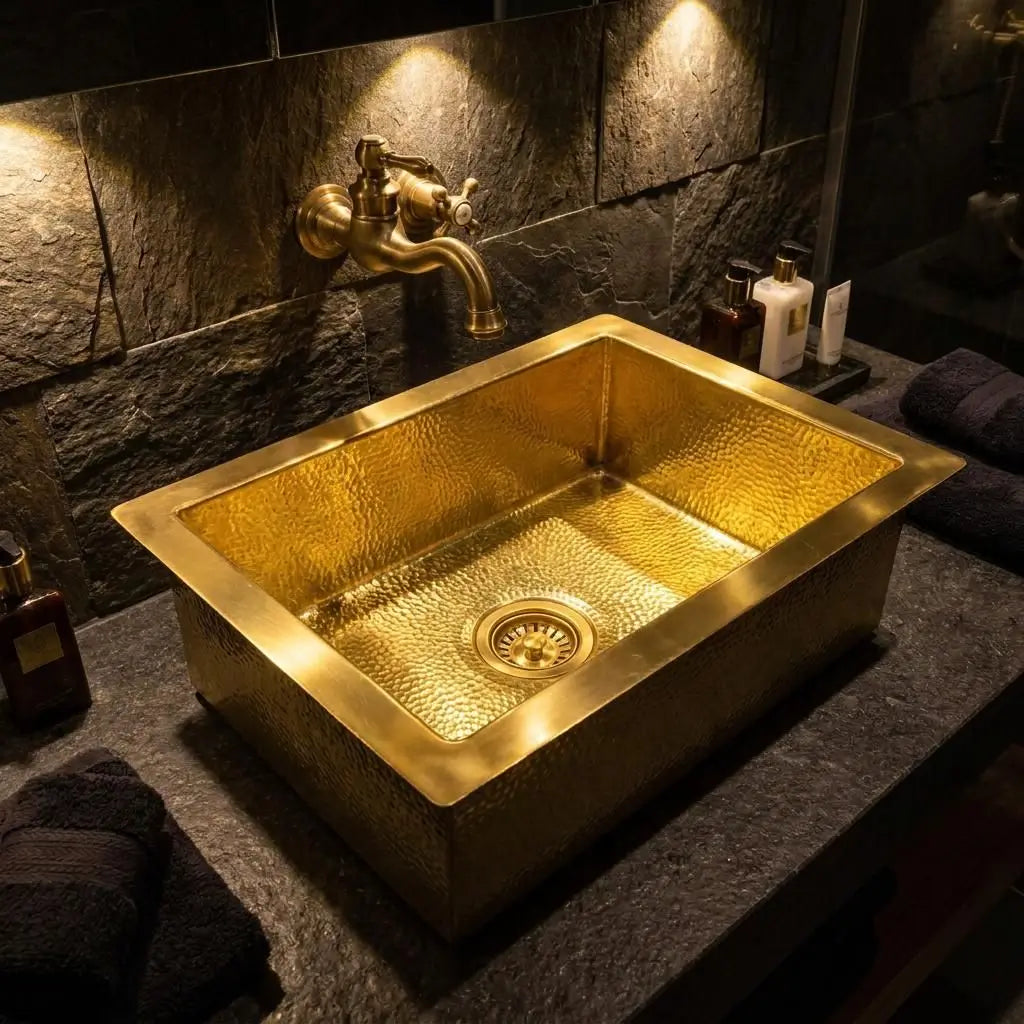 Rectangular drop-in hammered brass Moroccan sink installed on a dark countertop against a textured rustic stone wall with a vintage gold faucet.