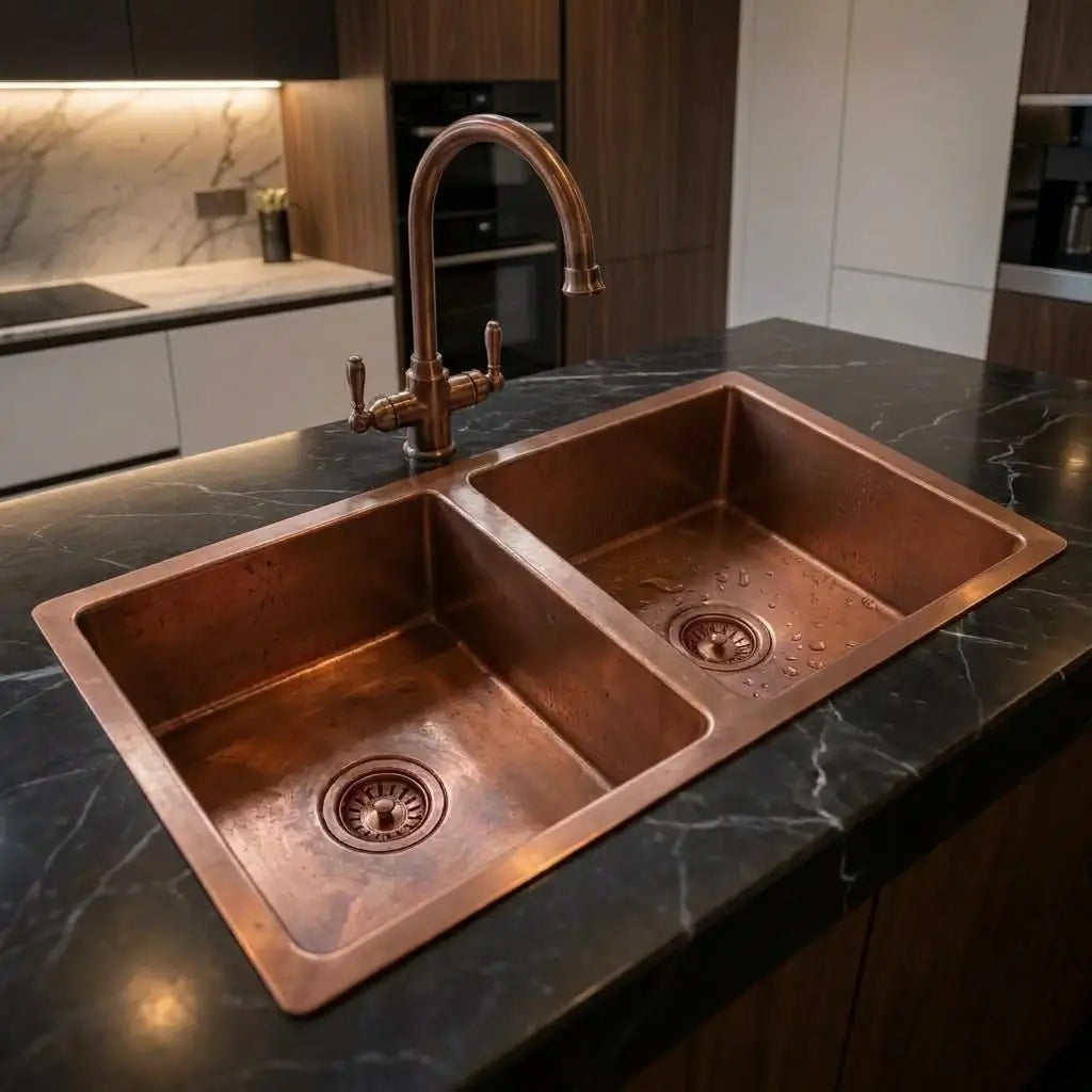 Drop-in double bowl copper kitchen sink installed on a black marble island with white veins, featuring an antique copper gooseneck faucet with dual levers.