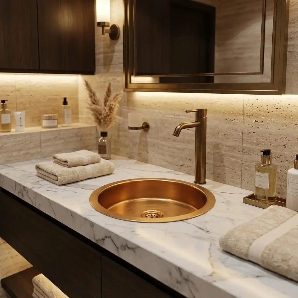 Handcrafted drop-in round brass sink installed flush on a white marble countertop with a matching modern brass faucet, towels, and decorative vase in a luxury bathroom.