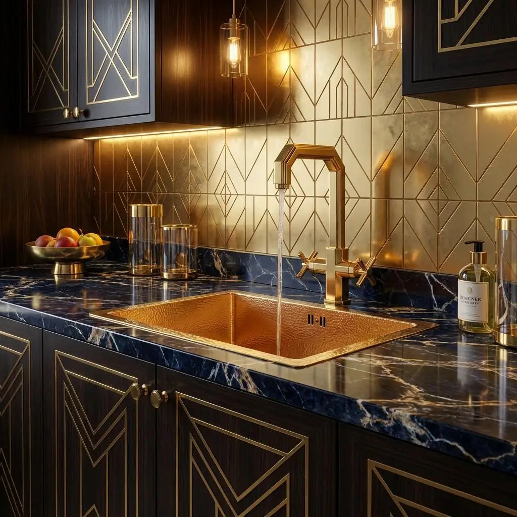 Drop-in square hammered copper kitchen sink with an integrated faucet running water on a blue marble countertop with art deco gold geometric backsplash tiles.