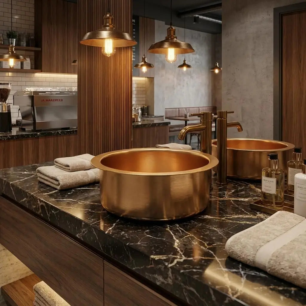 Two round brass vessel sinks with gold faucets installed on a black veined marble countertop in a luxury commercial restroom with industrial Edison pendant lighting