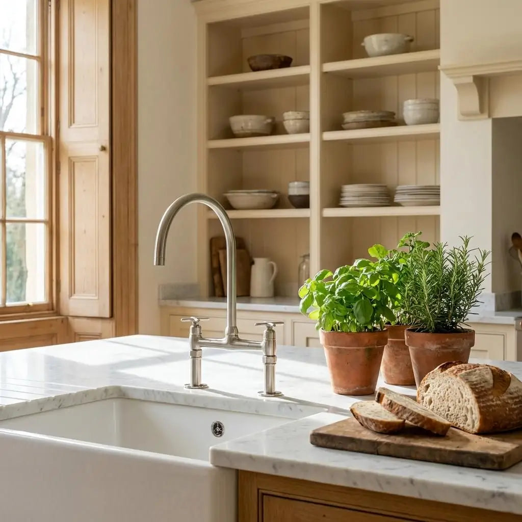 Warm brushed nickel Heritage bridge kitchen faucet set on a white sink with potted herbs and a background of rustic open wooden shelves with dishes.