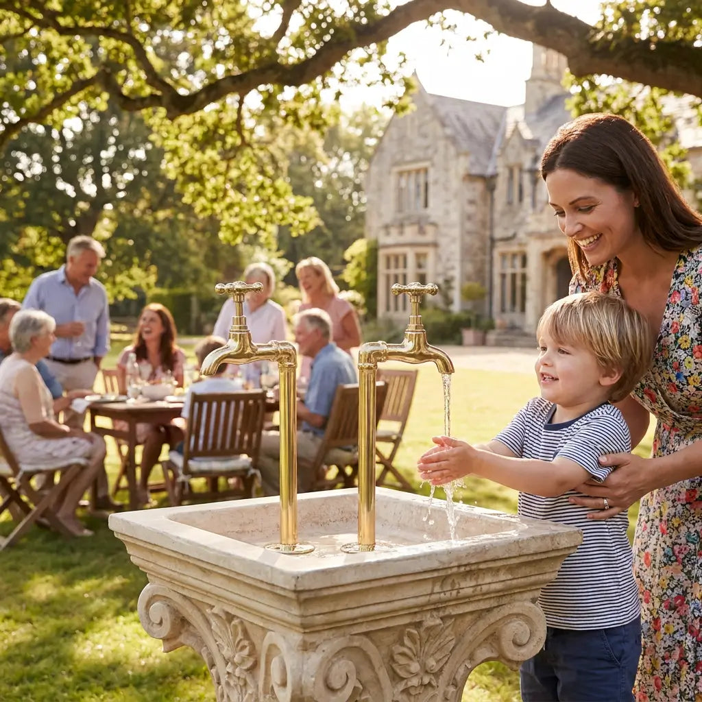 Lifestyle view of a young child washing hands at a brass outdoor water filter tap with mother, family gathering and vintage country house in the background.