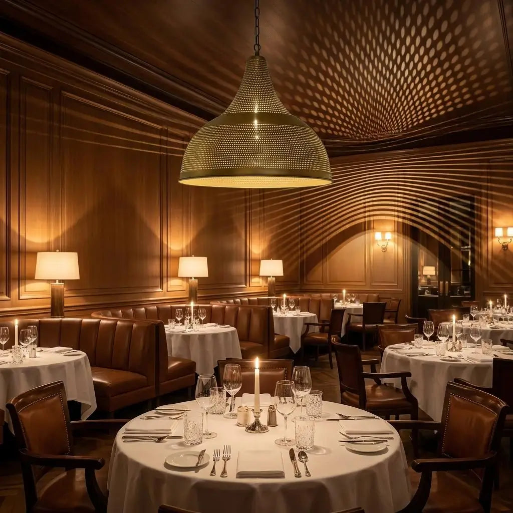 A large brass dome ceiling fixture hanging in a fine dining restaurant, illuminating wood-paneled walls and round dining tables with white tablecloths while throwing linear light shadows.